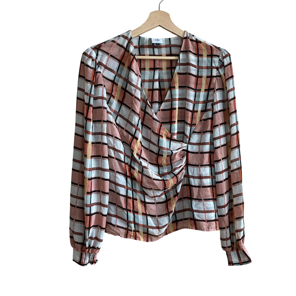 Cabi 6295 Draped Surplice Plaid Blouse Medium Pink Orange Women Chiffon Top